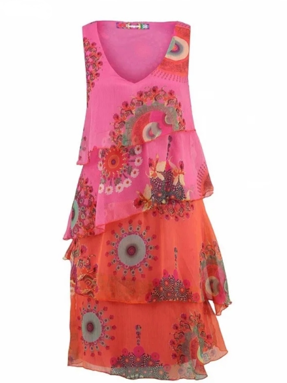 Desigual Tiered Sleeveless Dress, Colorful Pink and Orange,  2 US | 36 EU